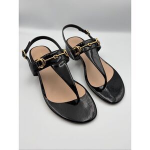 Stuart Weitzman Owen Buckle 35 T-Strap Sandal in Black Patent Size 8